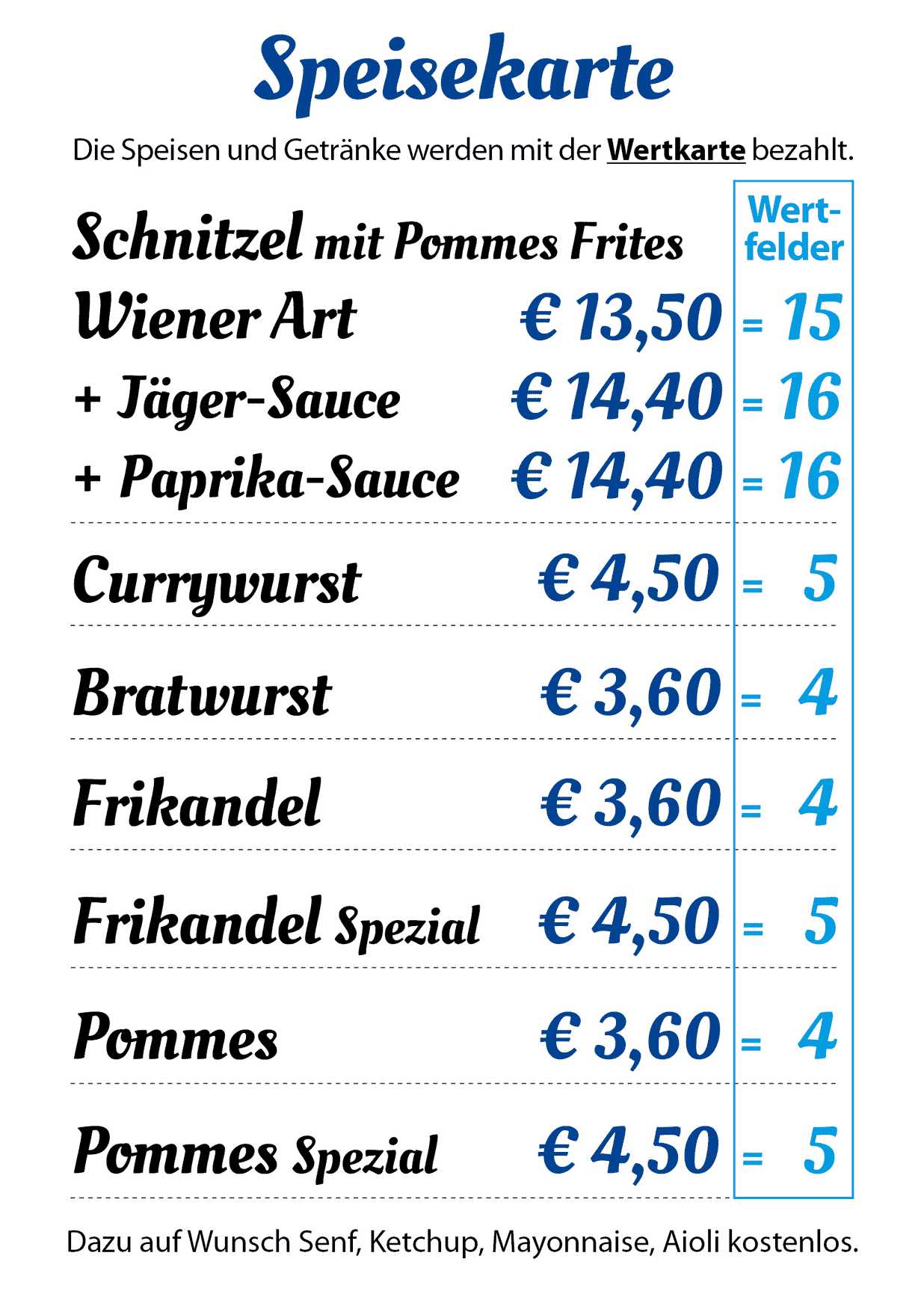 Speisekarte und Preise